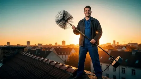 Chimney technician with a brush on a rooftop at dusk near Short Hills
