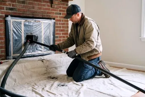 Technician sweeping a fireplace with drop cloths and vacuum in a Livingston home