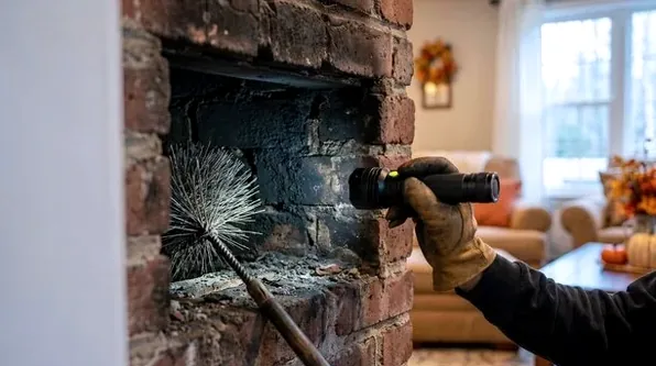 Technician inspecting a fireplace and flue in a Millburn living room
