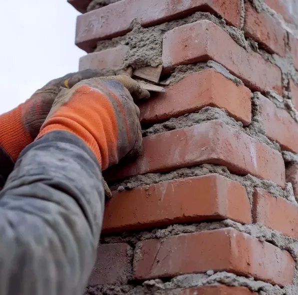 Mason repointing the brick of a large chimney in Millburn